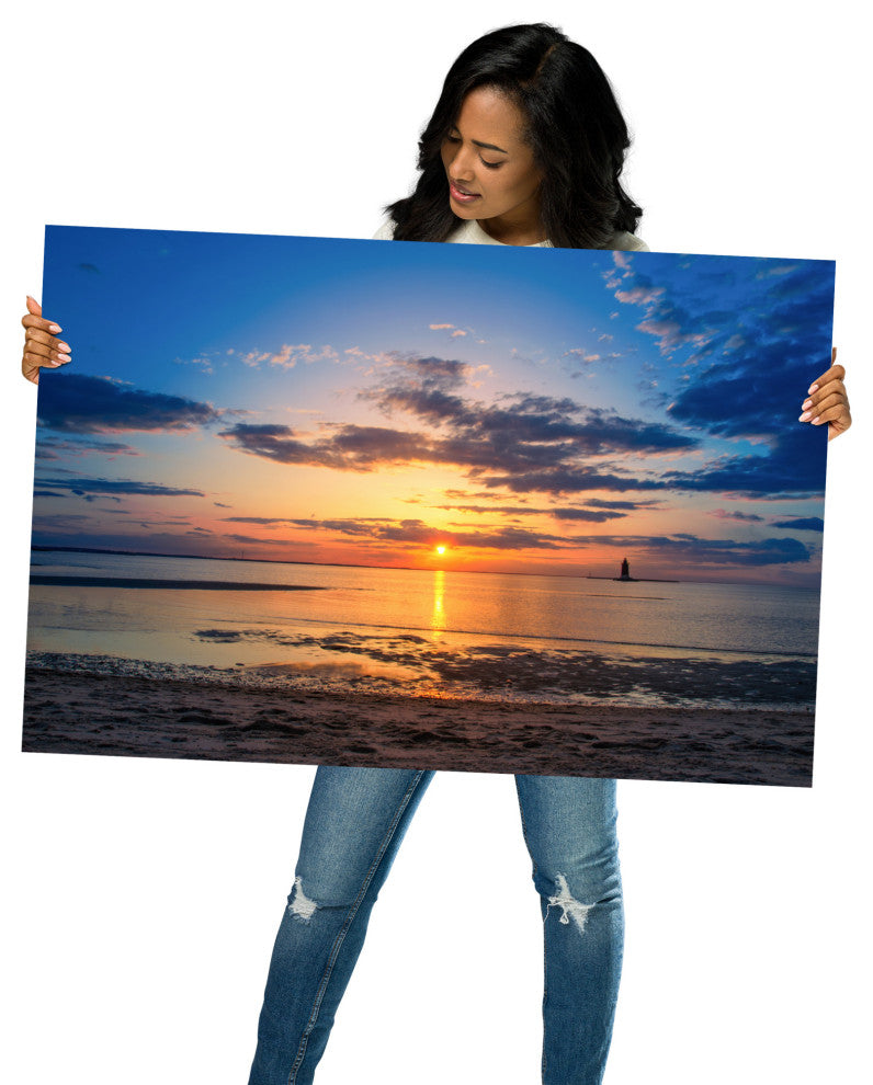 Sunset at Breakwater Lighthouse Coastal Landscape Unframed Wall Art Print, 24" X 36"