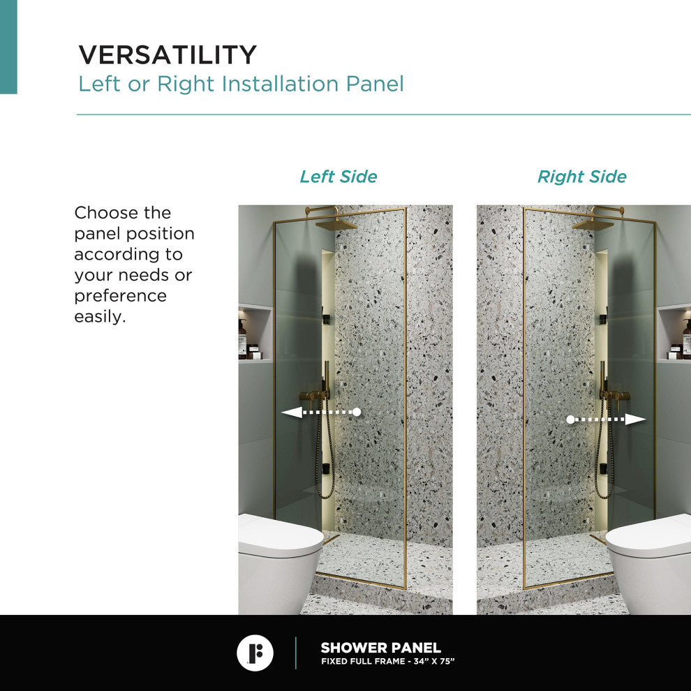 Single Fixed Glass Shower Panel - Clear Tempered Full Frame Shower Glass Door, Satin Brass, 34"