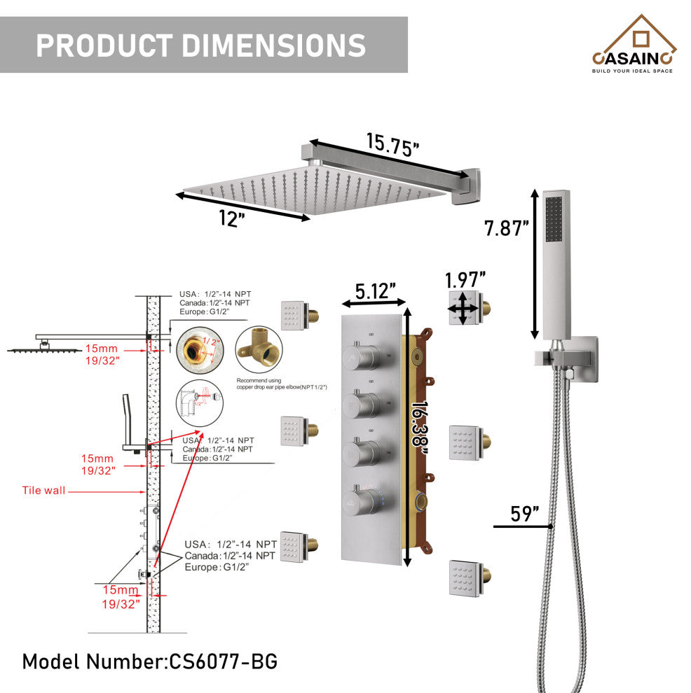 CASAINC 12" Wall Mounted Luxury Shower System Set w 6 Body Jets, Brushed Nickel
