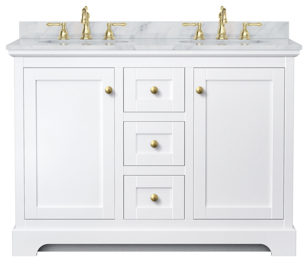 48" Double Bath Vanity, White, White Carrara Countertop, Sinks, Gold Trim