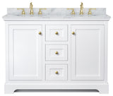 48" Double Bath Vanity, White, White Carrara Countertop, Sinks, Gold Trim