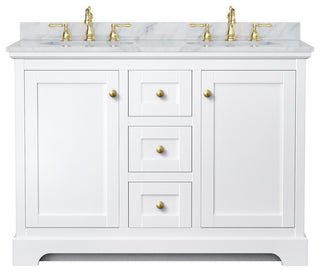 48" Double Bath Vanity, White, White Carrara Countertop, Sinks, Gold Trim