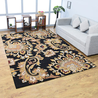 HAND TUFTED WOOL ECO-FRIENDLY AREA RUGS-Black Color, Floral Design