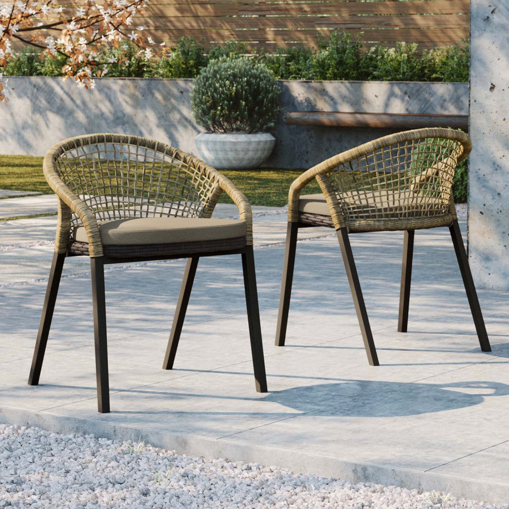 Side Dining Chair, Set of 2, Taupe Gray Natural, Rattan, Wicker, Outdoor Garden