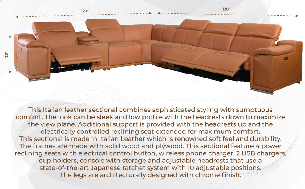Federico 7-Piece L-Shaped Top Grain Italian Leather Sectional-4 Power Recliners, Light Gray