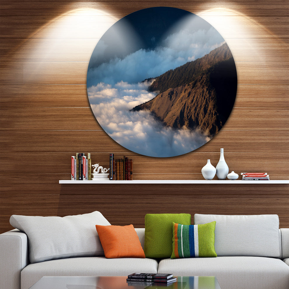 Clouds At The Foot Of Hills, Landscape Round Wall Art, 23"