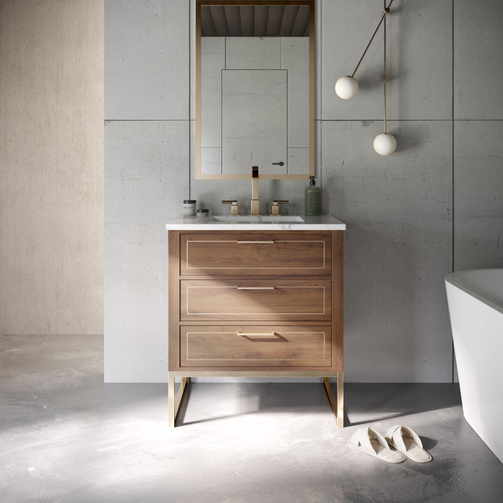 Markham 30" Single Bathroom Vanity Set, Walnut/Satin Brass, Quartz Countertop