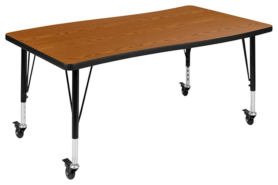 Mobile 28"x47.5" Wave Laminate Activity Table, Adjustable Short Legs, Oak