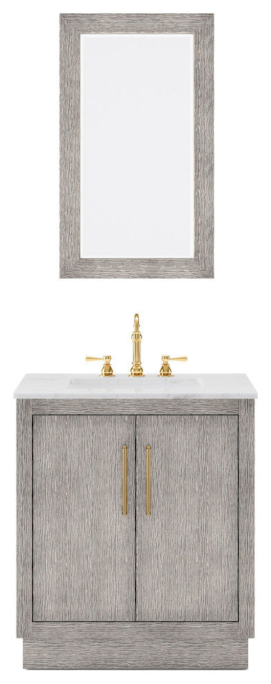 Hugo 30 Single Sink White Marble Vanity, Gray Oak With Hook Faucet and Mirror