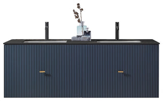 BARCELONA Wall Mount Modern Bathroom Vanity, Dark Blue, 60", Black Countertop