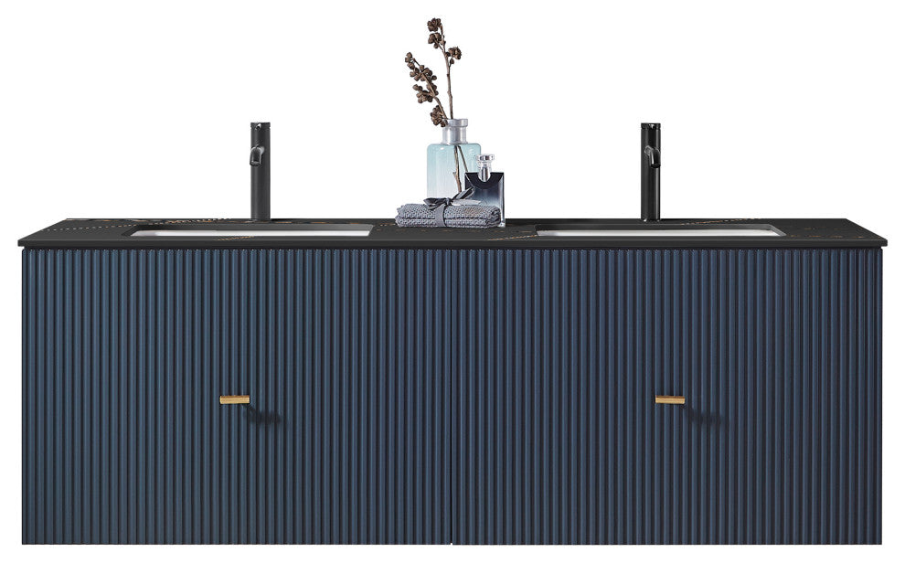 BARCELONA Wall Mount Modern Bathroom Vanity, Dark Blue, 60", Black Countertop