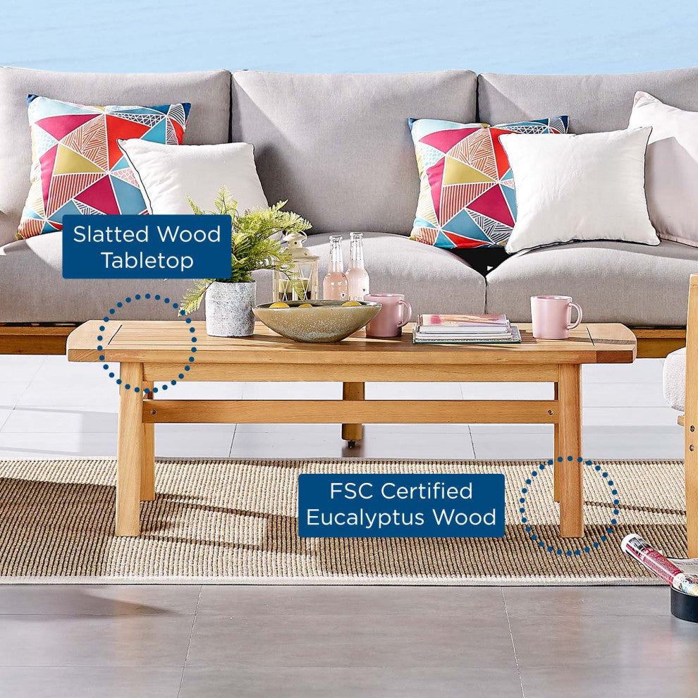 Lounge Coffee Table, Rectangular, Wood, Brown Natural, Modern, Outdoor Patio