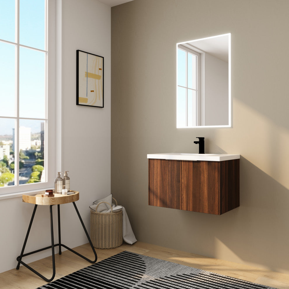 BNK 30" Bathroom Vanity with Resin Sink, Modern Design with Soft Close Doors, California  Walnut