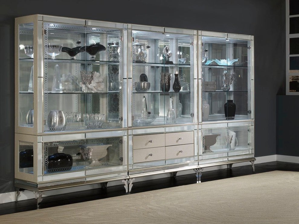 AICO Michael Amini Hollywood Swank Curio With Drawers, Pearl Caviar