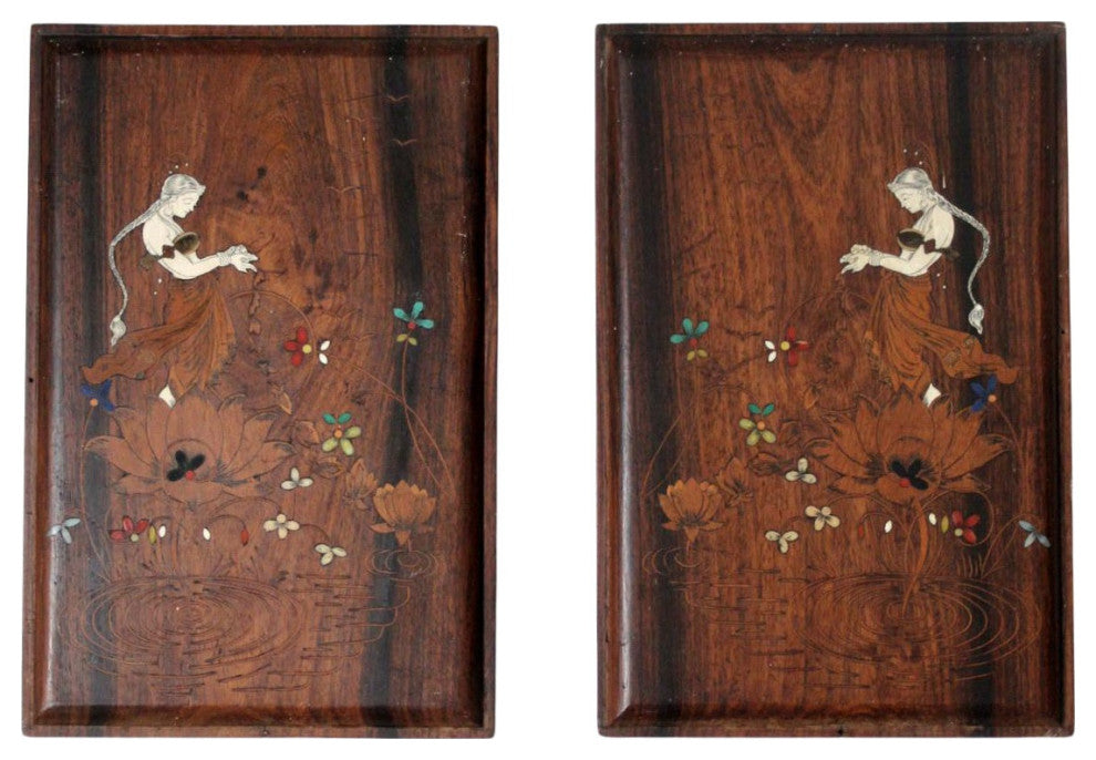Consigned, Vintage Floral Goddess Etched Wood Plaque Wall Hanging Pair