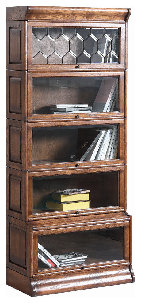 Crafters and Mission Style Oak  5 Stack Barrister Bookcase with Leaded Glass, Walnut