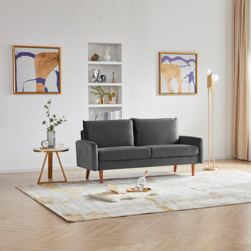 Trout Gray Velvet Modern Loveseat With Side Pockets