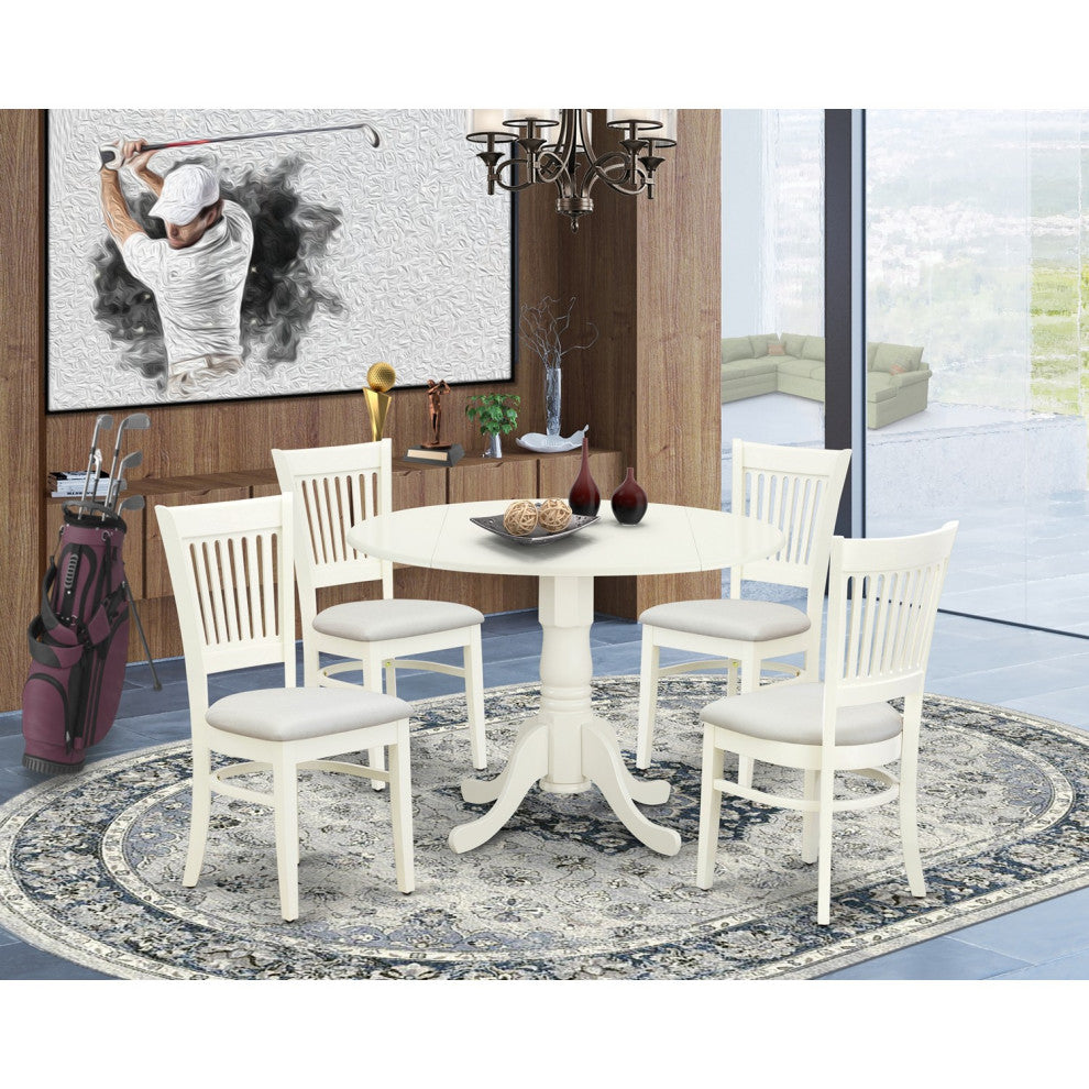 5Pc Kitchen Set 4 Chairs, Slatted Chair Back Drop Leaves Table Linen White