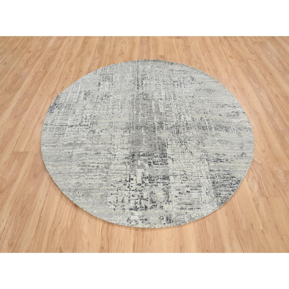 Light Gray, Modern Design, Natural Wool, Hand Knotted Round Rug, 6'0"x6'0"
