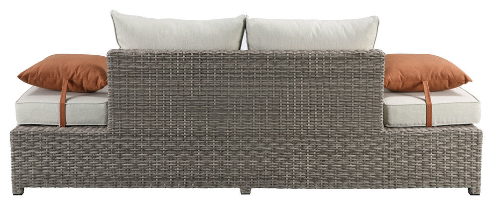 ACME Salena Patio Sofa and Ottoman with 2 Pillows, Beige Fabric and Gray Wicker