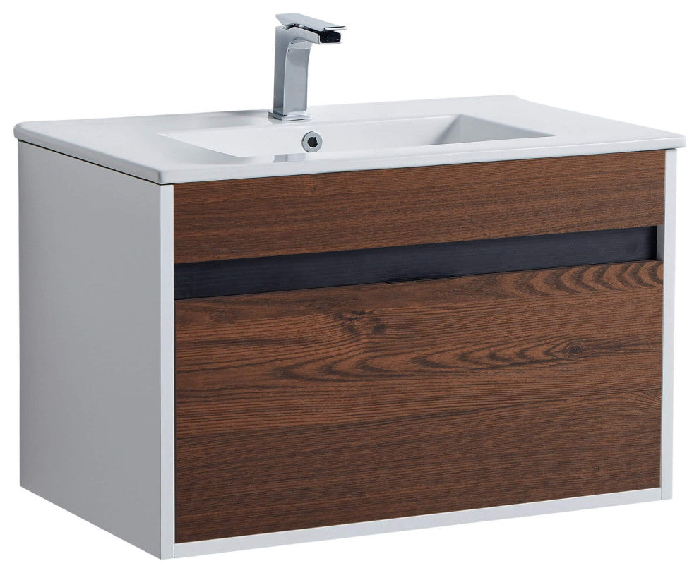 Alpine Wall Mount Bathroom Vanity and Sink, Brown Walnut, 30"