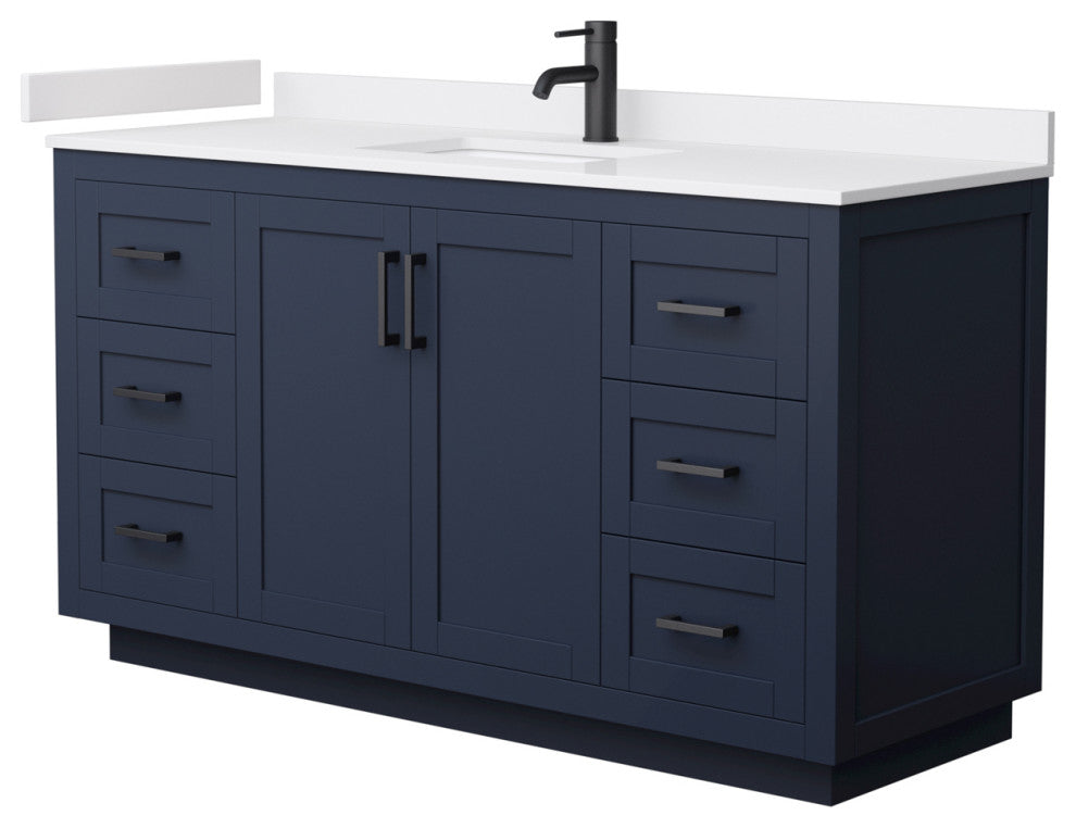60" Single Bath Vanity Dark Blue, White Cult.Marble Countertop, Sink, Black Trim