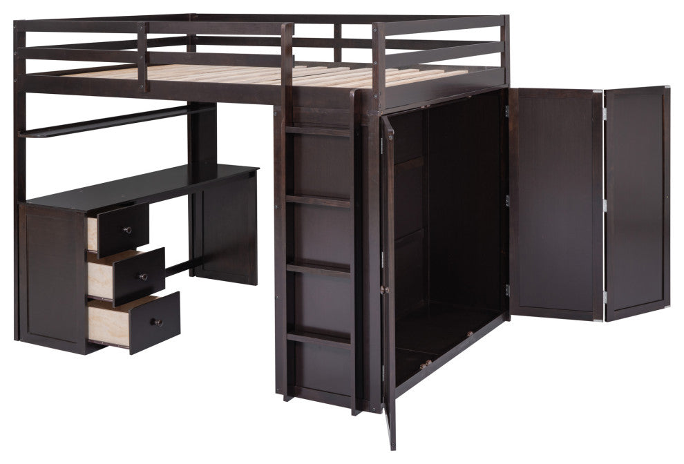 Gewnee Full size Wood Loft Bed with Drawers,Desk and Wardrobe in Espresso