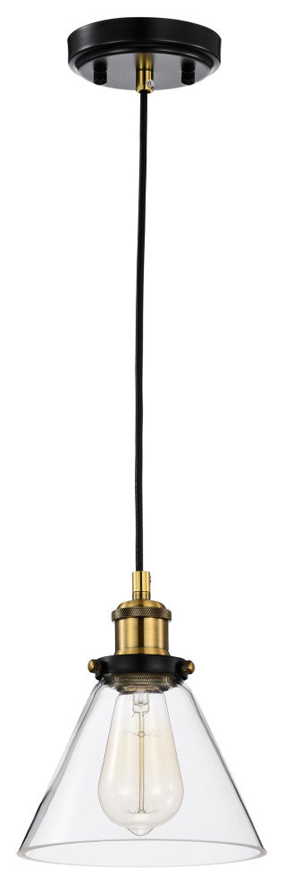 1-Light Black and Antique Brass Mini Pendant Light With Clear Glass Shade