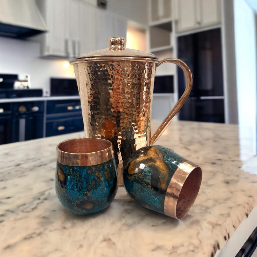 Set of 1 Copper Pitcher & 2 Marbled Tumblers