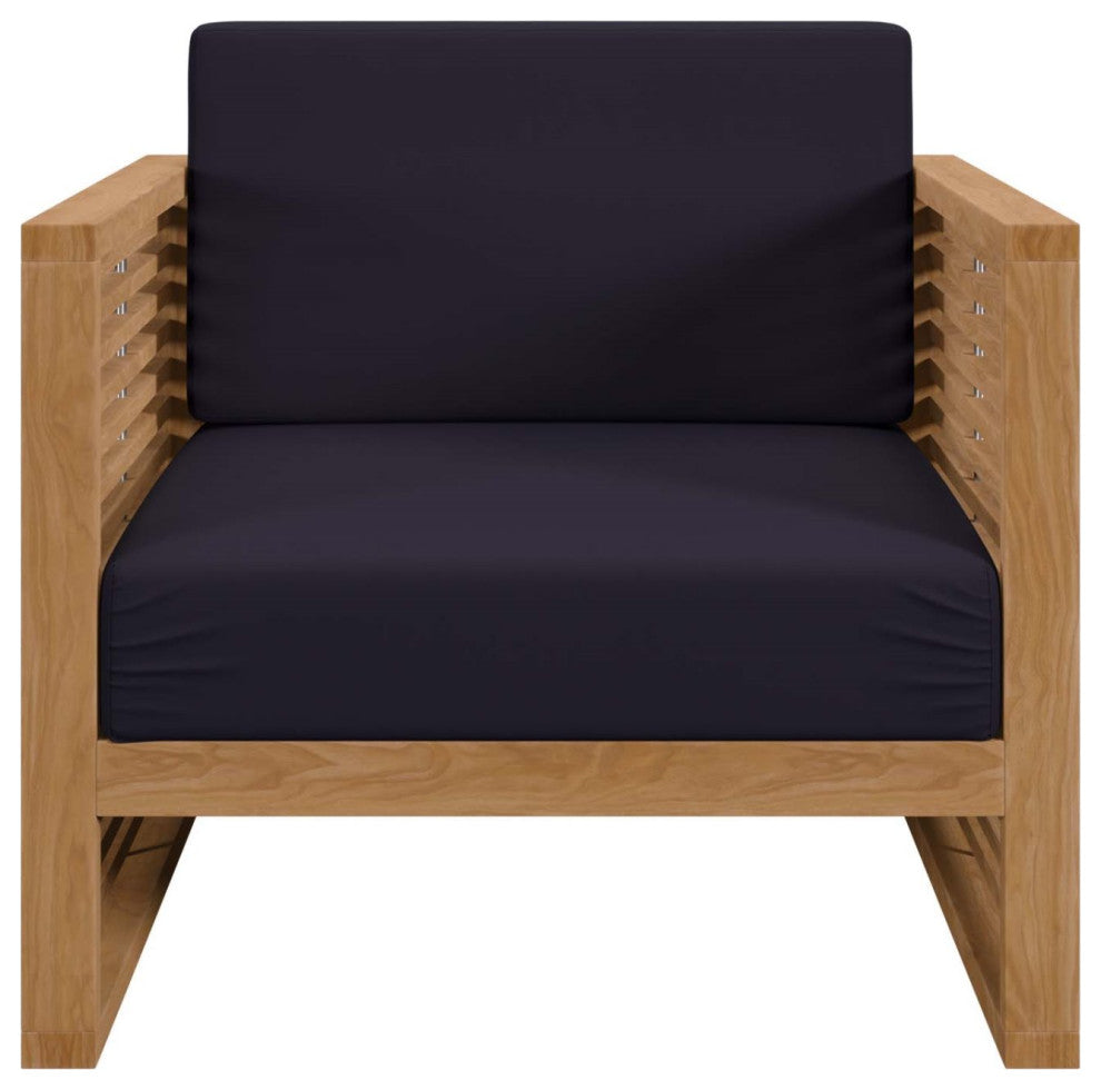 Lounge Chair ArmchairTable Set, Blue Navy Natural, Teak Wood, Outdoor Garden