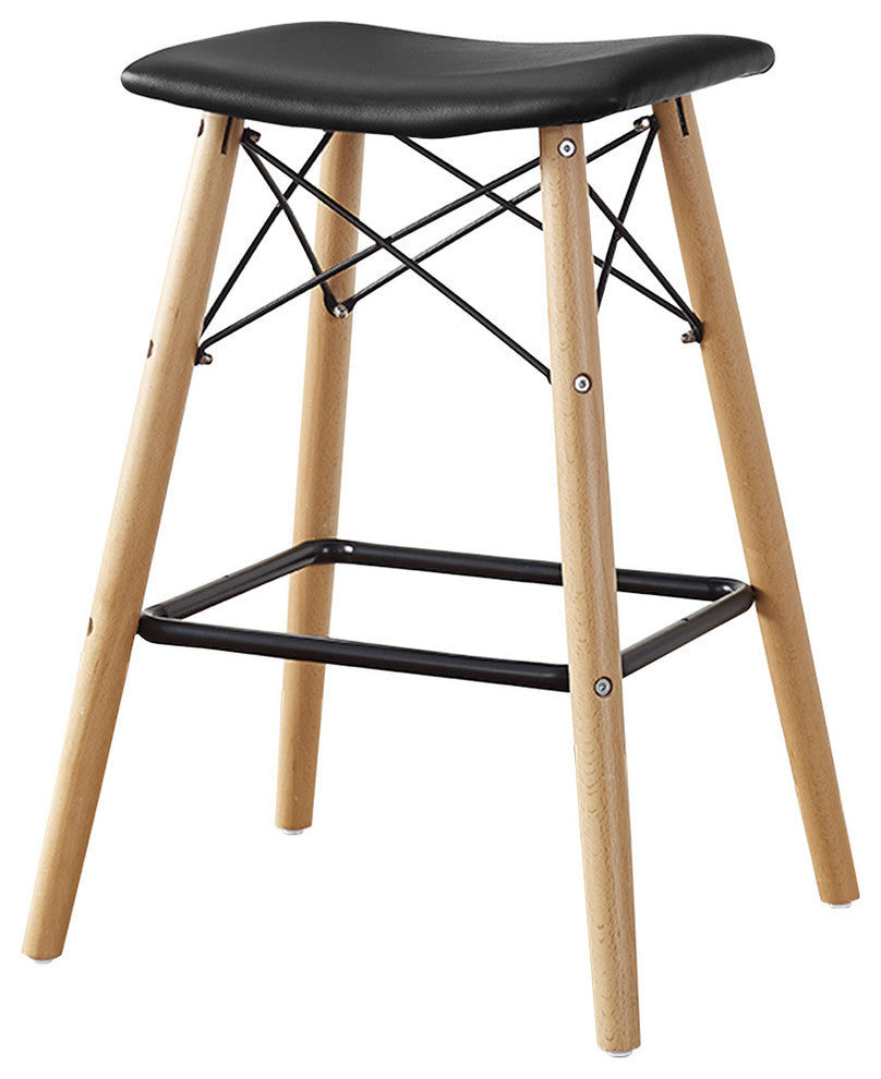 Mid Century Faux Leather Solid Wood Metal Kitchen Counter Height Stool - Black