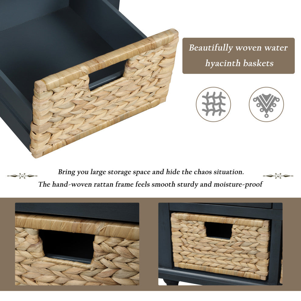 TATEUS 42" Rustic Storage Bench With 3 Drawers and 3 Rattan Baskets, Antique Navy