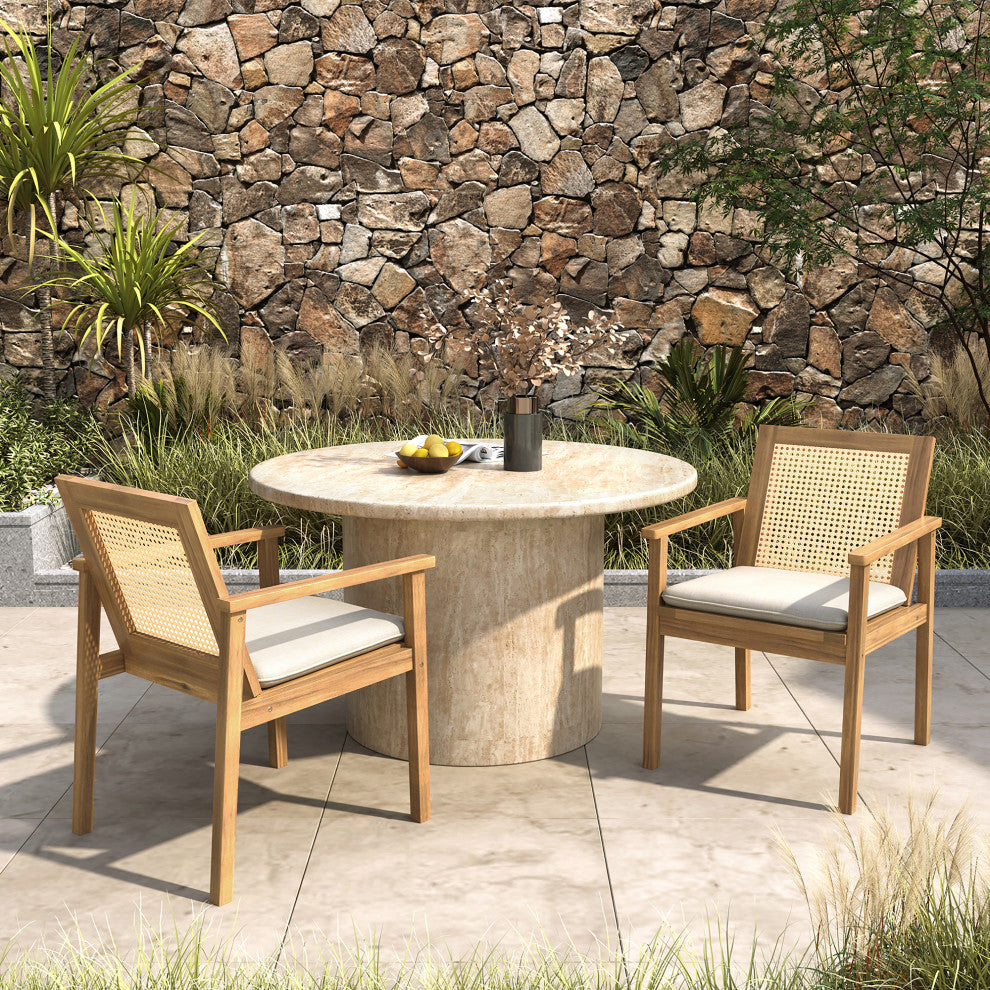 GDF Studio Outdoor Acacia Wood Dining Chairs With Cushions, Set of 2, Teak/Beige