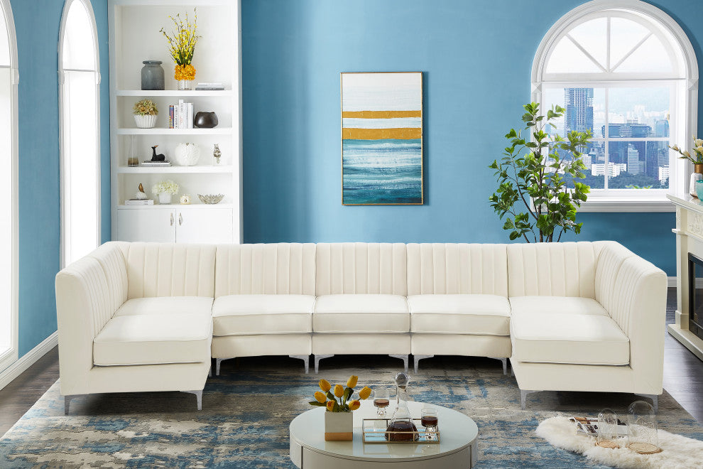 Alina Velvet Modular U-Shaped Sectional, Cream, 7-Piece: 5 Armless Chair, 2 Corner Chair