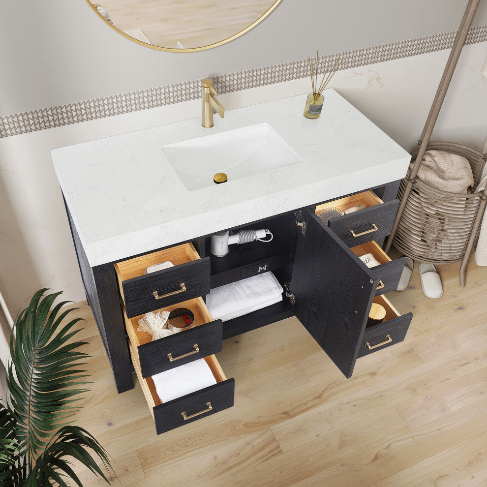 Leon Bath Vanity With Composite Stone Top, Fir Wood Black, 48", With Mirror