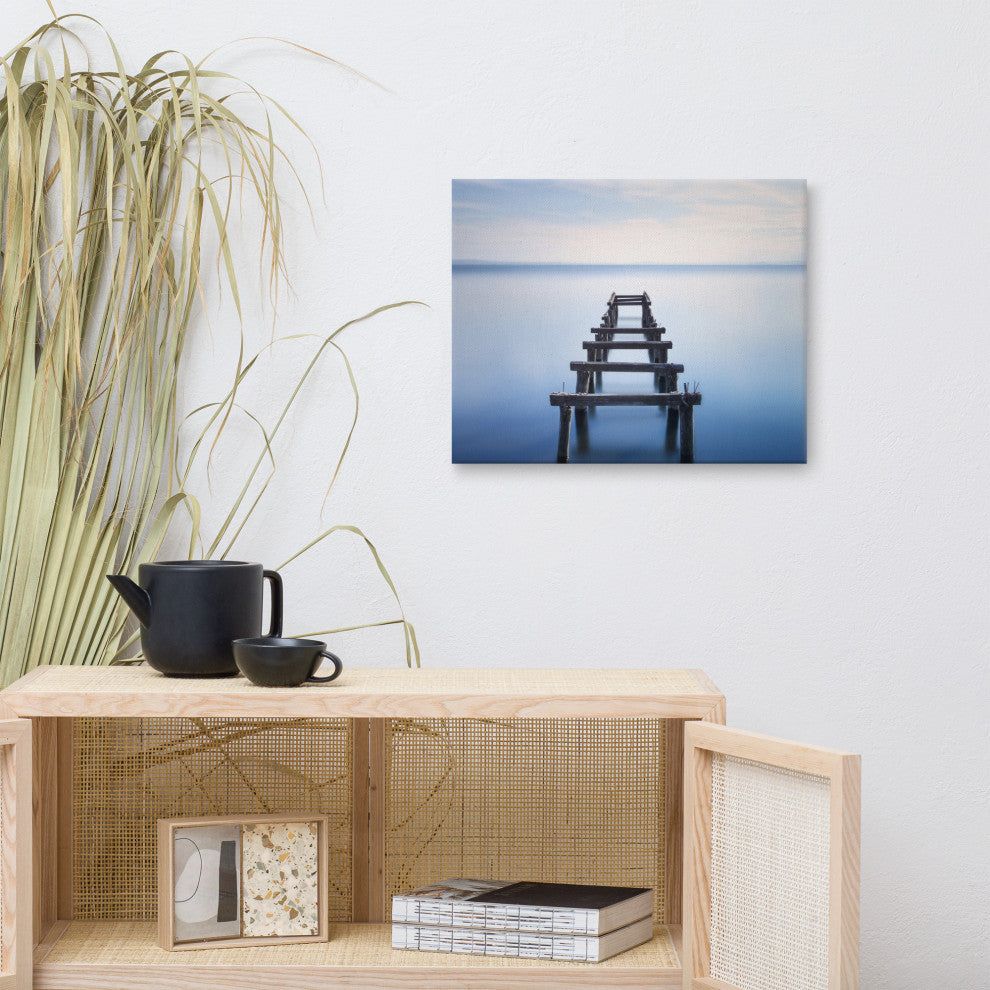 Soft Blue Lake and Abandoned Pier Coastal Landscape Photo Canvas Wall Art Print, 16" X 20"