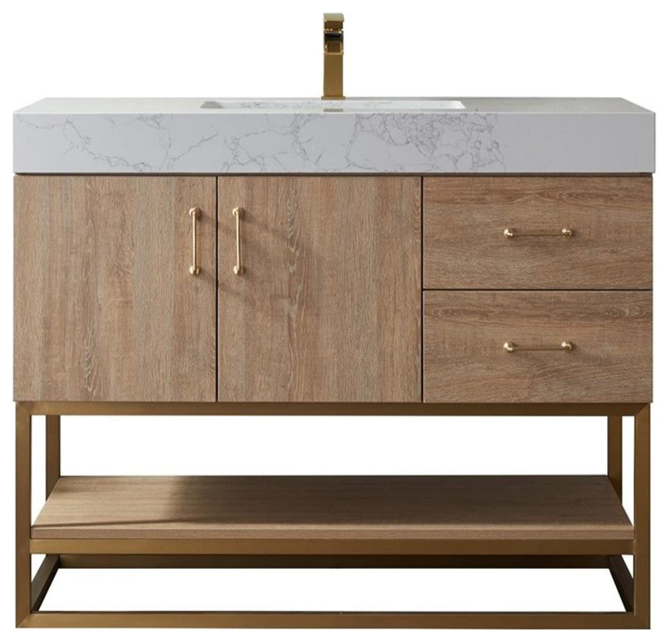 Vinnova Alistair 42" White Grain Stone Top Vanity in Oak w/o Mirror