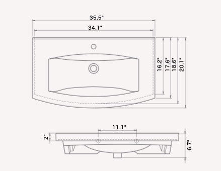 Rectangle White Ceramic Wall Mounted or Self Rimming Sink, White, One Hole