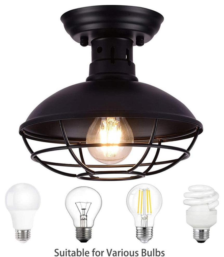 Vintage Industrial Semi Flush Mount Ceiling Light Fixture Farmhouse Black Cage