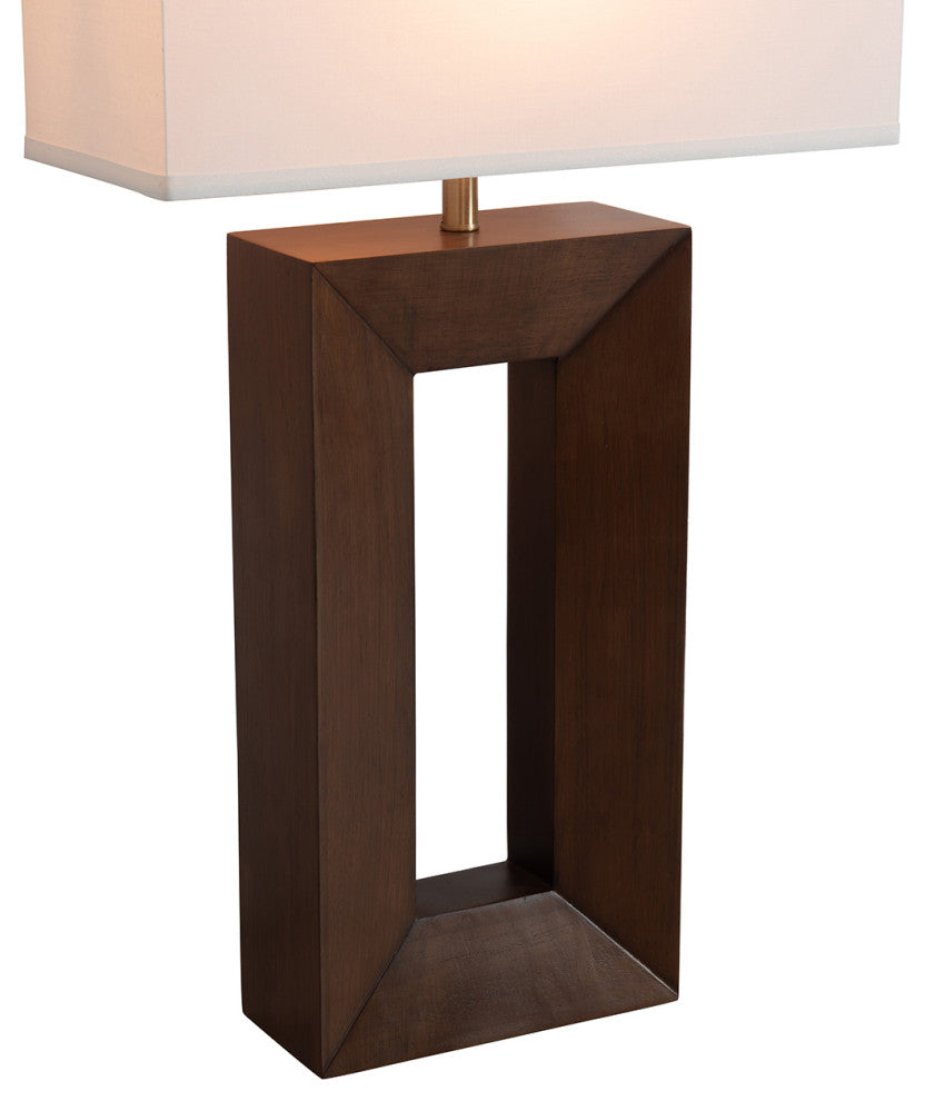 Julie Standing Table Lamp, White Linen Shade, Dark Walnut Wood Finish, Weathered Brass