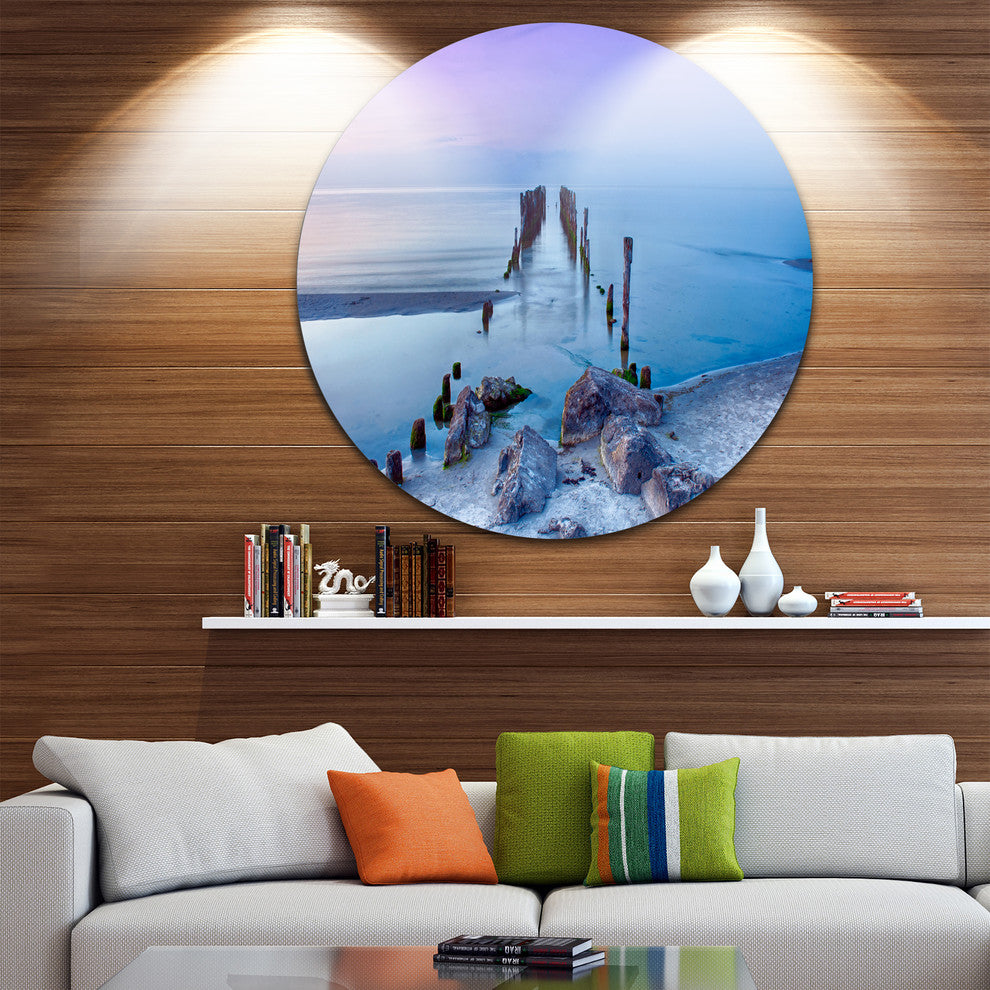 Old Pier And Bridge In Light Blue, Sea Bridge Round Wall Art, 36"