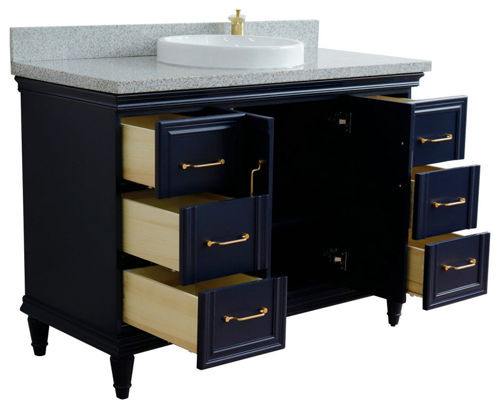 49" Single Sink Vanity, Blue Finish With Gray Granite and Round Sink
