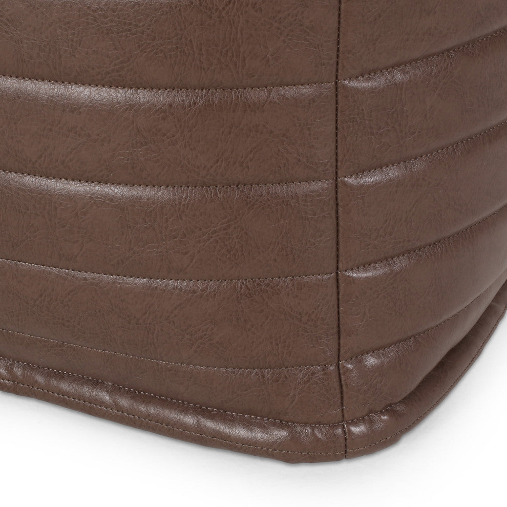 Conrail Contemporary Faux Leather Channel Stitch Pouf, Brown, Cube
