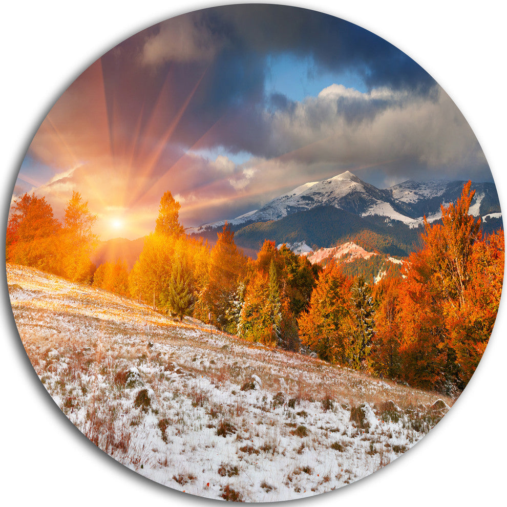First Snow In Carpathian Mountains, Landscape Round Metal Wall Art, 11"