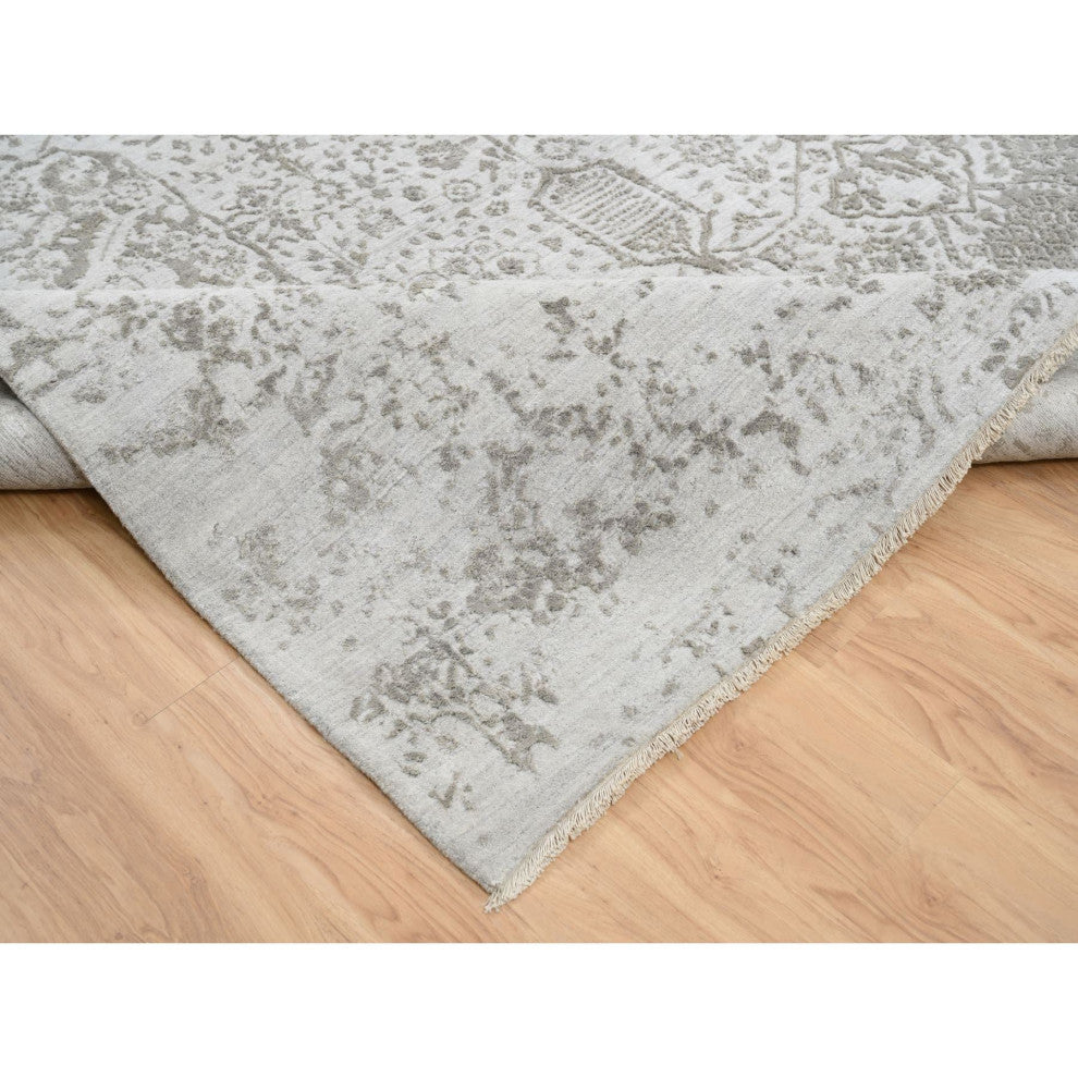 Gray Broken Persian Design Hand Knotted Wool and Silk Oversized Rug, 11'9"x15'