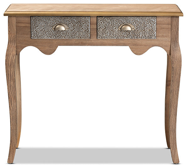 French Provincial Natural Brown Finished Wood and Metal 2-Drawer Console Table