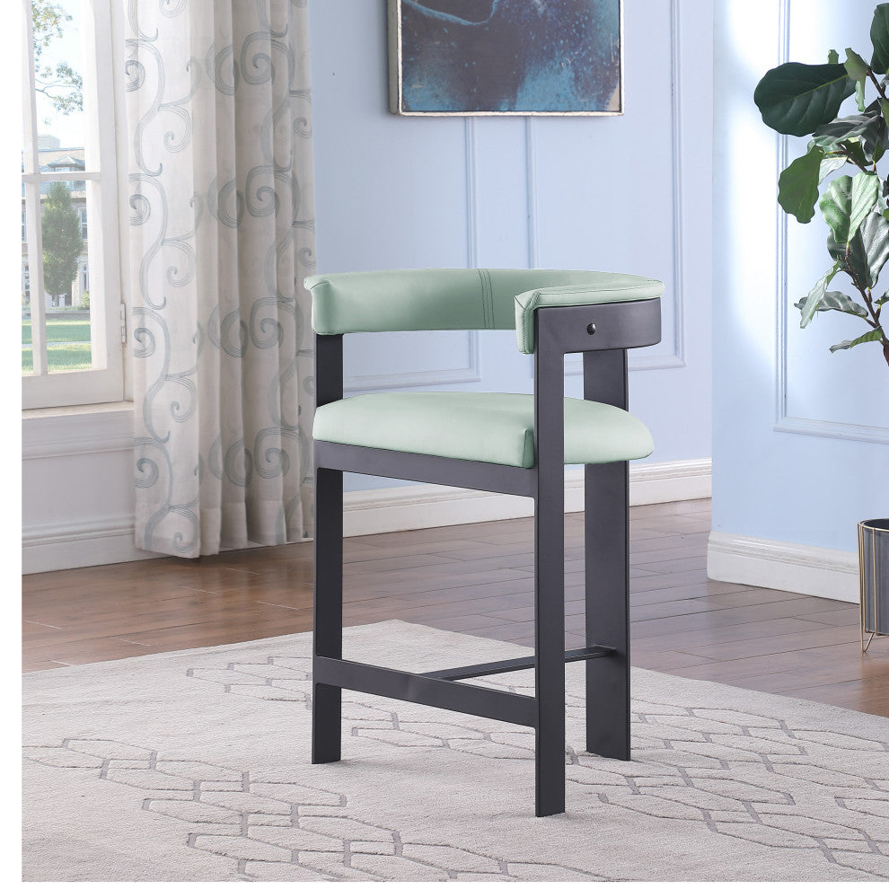 Romeo Upholstered Counter Stool, Set of 2, Green, Vegan Leather, Matte Black