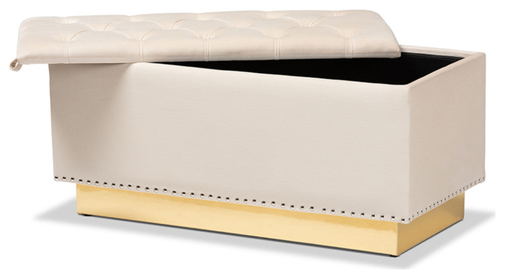 Glam Luxe Beige Velvet Fabric Upholstered and Gold PU Leather Storage Ottoman
