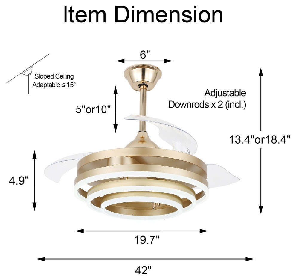 CurveCurio 42" Ceiling Fan With Adjustable LED Light Kit, Gold