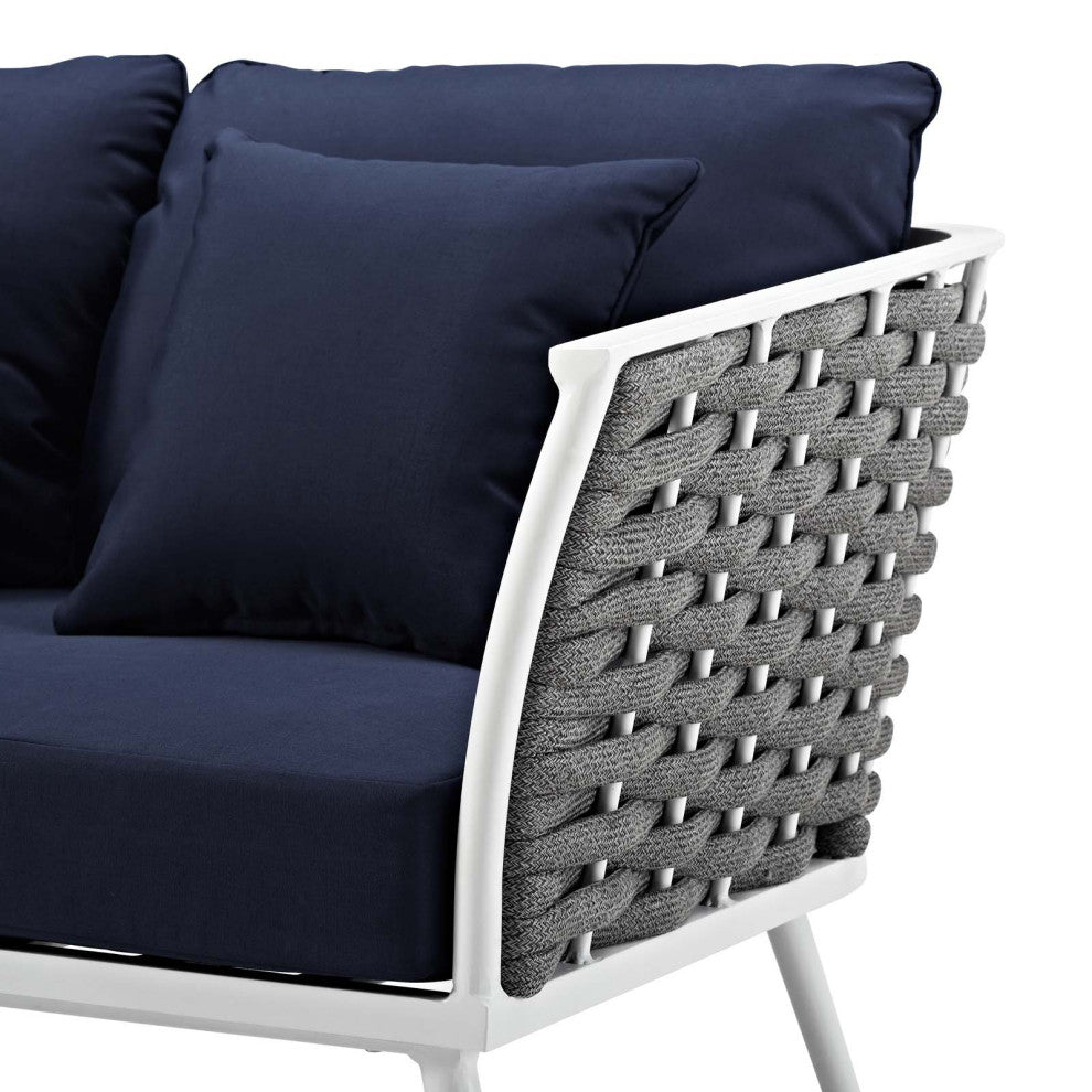 Modern Outdoor Patio Furniture Lounge Sofa, Fabric Aluminum, Navy Blue White